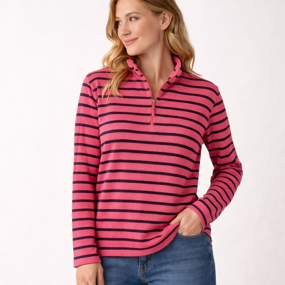 L.L. Bean Pink and Navy Striped Half-Zip Top